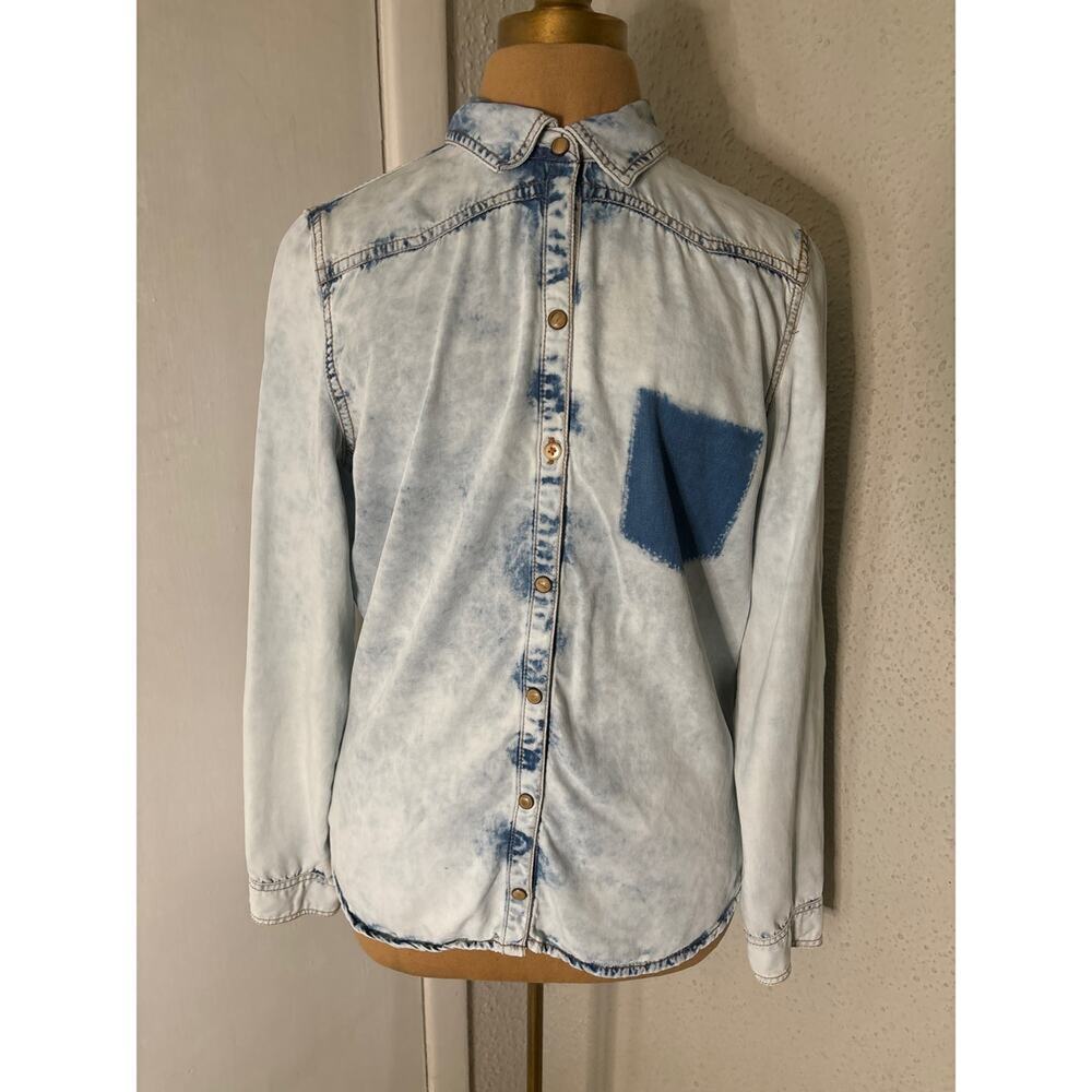 Zara Trafaluc Light Acid Wash Long Sleeve Shirt L 80s Country Rocker Casual
